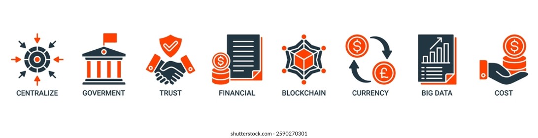 Cbdc banner web icon vector illustration concept of central bank digital currency with icons of centralize, government, trust, financial, blockchain, currency, big data and cost icons solid color.