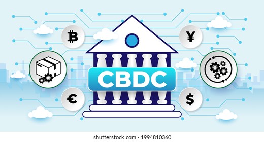 CBDC. Concepto de moneda digital del banco central con iconos. Ilustración de personas con vectores de caricatura