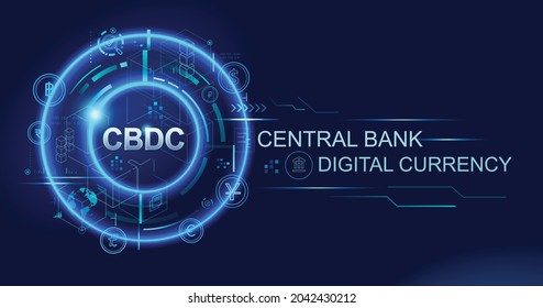 CBDC Central Bank Digital Currency banner logo for business technology, financial, blockchain, exchange, money and digital asset. Futuristic vector landing page concept background.