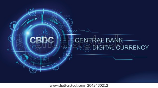 CBDC\
Central Bank Digital Currency banner logo for business technology,\
financial, blockchain, exchange, money and digital asset.\
Futuristic vector landing page concept\
background.