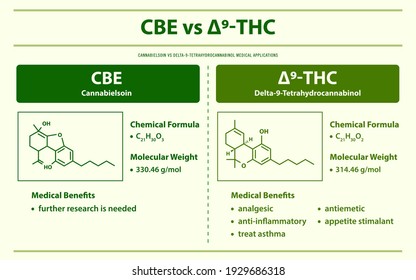 CBE vs・9-THC, Cannabielosina vs Delta 9 Tetrahidrocannabinol ilustración horizontal sobre el cannabis como medicina alternativa herbaria y terapia química, vector de ciencia médica de la salud.
