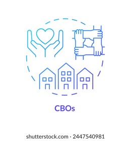 Icono de concepto de degradado azul de CBO. Organización comunitaria. Unidad local. Barrio. Participación cívica. Ilustración de línea de forma redonda. Abstractas idea. Diseño gráfico. Fácil de usar en el artículo