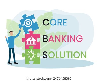 CBS. CORE BANKING SOLUTION acrónimo. Concepto con Palabra clave e iconos. Ilustración vectorial plana. Aislado en blanco.