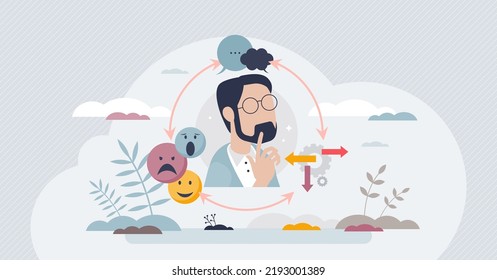 CBT or cognitive behavioral therapy for mental problems tiny person concept. Psychotherapy treatment session with counseling methods vector illustration. Mind cognition and emotional feeling care.