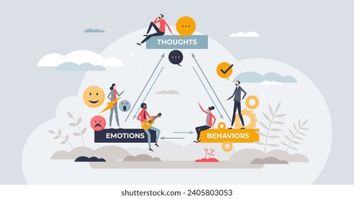 CBT or cognitive behavioral therapy for mental problems tiny person concept. Psychotherapy treatment session with counseling methods vector illustration. Mind cognition and emotional feeling care.