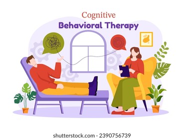 CBT or Cognitive Behavioural Therapy Vector Illustration with Person Manage their Problems Emotions, Depression or Mindset in Mental Health Background