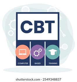 CBT - Computer-based Training Akronym. Hintergrund des Geschäftskonzepts Vektorgrafik mit Schlagwörtern und Symbolen. Beschriftungsgrafik mit Symbolen für Webbanner, Flyer, Landing Page