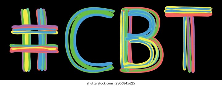 Etiqueta CBT. Las curvas aisladas multicolores de colores brillantes son letras de doodle como del marcador, pintura al óleo. La etiqueta #CBT para Adult femdom amis, print, booklet, camiseta, tipografía, aplicación móvil.