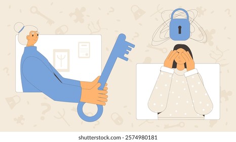 Cbt Online counseling session with psychiatric. Stressed character talking with psychologists. Key and lock mental health support metaphor. Vector concept outline flat illustration.