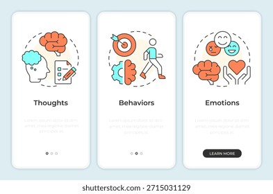 CBT therapy onboarding mobile app screen. Mental health. Walkthrough 3 steps editable graphic instructions with linear concepts. UI, UX, GUI