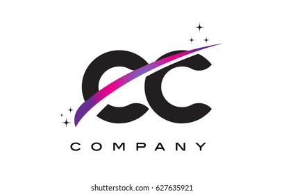 CC C C Black Letter Logo Design with Purple Magenta Swoosh and Stars.