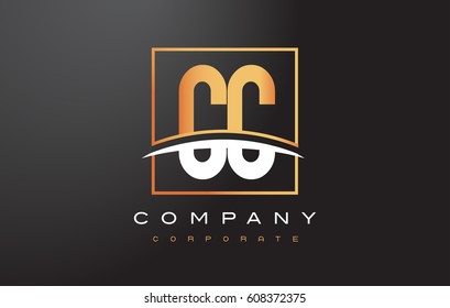 CC C C Golden Letter Logo Design with Swoosh and Rectangle Square Box Vector Design.