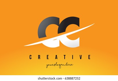 CC C C Letter Modern Logo Design with Swoosh Cutting the Middle Letters and Yellow Background.