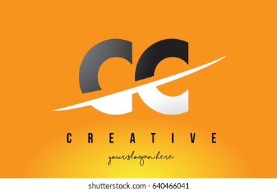 CC C C Letter Modern Logo Design with Swoosh Cutting the Middle Letters and Yellow Background.