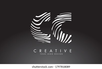 CC C C Letters Logo Design with Fingerprint, black and white wood or Zebra texture on a Black Background. Creative CC C vector illustration with black and white lines.