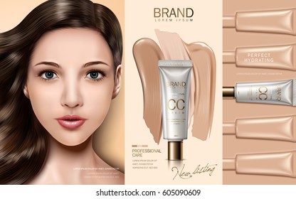 cc cream contained in cosmetic tube, with model face and foundation elements, 3d illustration