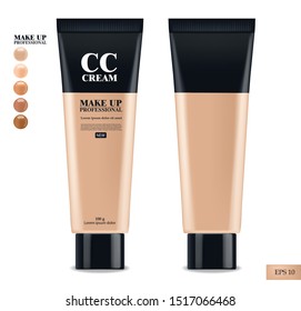 CC cream realistic, make up cosmetics, professional, black bottle 3d package, five color vector illustration
