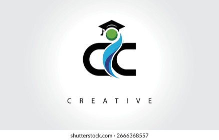 Logotipo de la carta creativa de CC con el casquillo de la graduación y el humano Abstractas – diseño moderno del símbolo de la Educación y del aprendizaje	