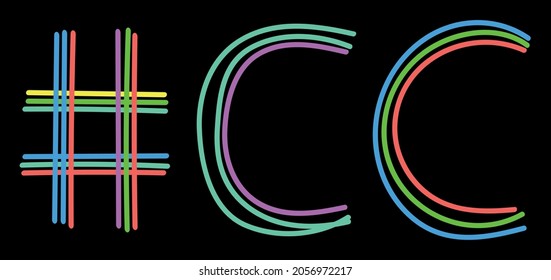 CC Hashtag. Isolate neon doodle lettering text from multi-colored curved neon lines like from a felt-tip pen, pensil. Hashtag #CC for banner, t-shirts, social network, web resources, mobile apps