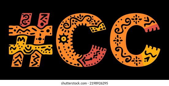 CC Hashtag. Isolated text with national ethnic ornament. Patterned Popular Hashtag #CC for social network, web resources, mobile app, games, clothing, t-shirt, banner, adv. Stock vector image