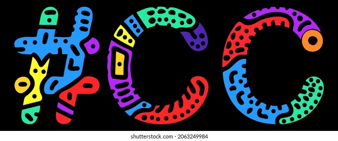 CC Hashtag. Multicolored bright isolate curves doodle letters. Trendy popular Hashtag #CC for social network, web resources, mobile apps. Stock vector.