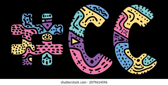 CC Hashtag. Multicolored bright isolate curves doodle letters with ornament. Popular Hashtag #CC for social network, web resources, mobile apps.