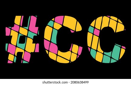 CC Hashtag. Tricolor isolated letters from contrast flowing fluid shapes. 3 colored popular Hashtag #CC for social networks, web resources, mobile applications, games, t-shirts. Stock vector picture.