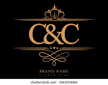 C&C Initial logo, Ampersand initial logo gold with crown and classic pattern