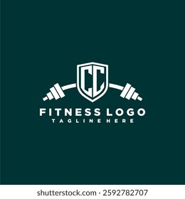 CC initial monogram for fitnes or gym logo with creative shield and barbell design