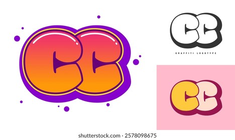 CC logo design for festival or party. Initial letter c and c in graffiti style. Creative modern lettering company name of font typography. Kids trendy logotype or identity. Vector illustration.