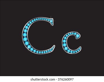 Cc in stunning Aquamarine precious round jewels set into a 2-level gold gradient channel setting, isolated on black. Vector EPS-10 file, transparency used.  