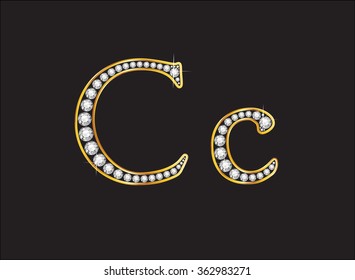 Cc in stunning diamond precious round jewels set into a 2-level gold gradient channel setting, isolated on black. Vector EPS-10 file, transparency used. 