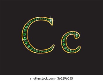 Cc in stunning emerald precious round jewels set into a 2-level gold gradient channel setting, isolated on black. Vector EPS-10 file, transparency used. 