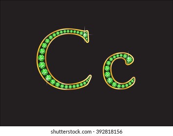 Cc in stunning peridot precious round jewels set into a 2-level gold gradient channel setting, isolated on black. Vector EPS-10 file, transparency used. 