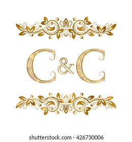 C&C vintage initials logo symbol. Two letters C, ampersand surrounded floral ornament. Wedding or business partners initials monogram in royal style.