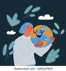 CCartoon vector illustration of woman embracing smiling globe