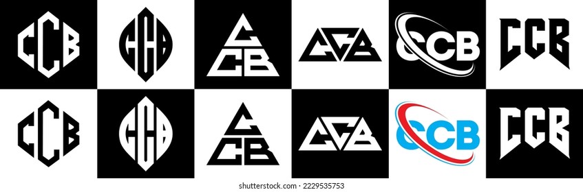 Diseño del logotipo de la carta del BCC en seis estilos. Polígono CCB, círculo, triángulo, hexágono, de estilo plano y sencillo con el logotipo de la letra de variación en color blanco y negro en un tablero. Logo minimalista y clásico del BCC
