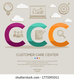ccc media (centro de atención al cliente), letras e iconos,Ilustración vectorial.