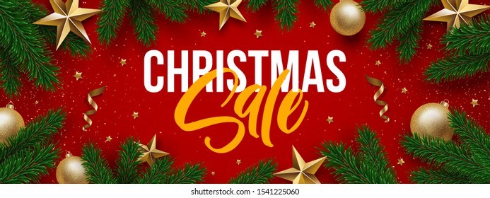 Cchristmas Sale banner design. Xmas tree branches and gold decor composition. Eps10 vector.