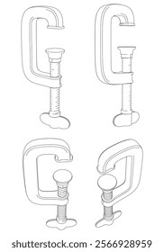 C-Clamp Line Art Vector on White Background. Precision Tool Illustration for Workshops, Metalworking, Woodworking, and Industrial Projects