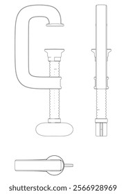 C-Clamp Line Art Vector on White Background. Precision Tool Illustration for Workshops, Metalworking, Woodworking, and Industrial Projects