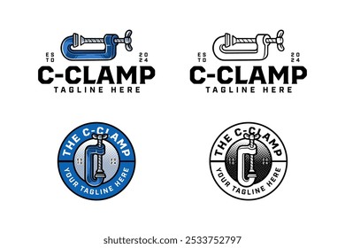 c-clamp tool crossed colorful and outline badge logo design set for workshop and construction. clamping, compressing tool crossed illustration logo template for repairer, mechanic, craftsman