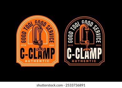 c-clamp tool crossed retro badge logo design for woodwork, craftsman, mechanic. clamp, compress tool crossed emblem logo collection for construction, carpenter, workshop, garage 