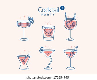 CCOCKTAIL glasses minimal vector thin line illustration. Six refreshing cocktails with ice cubes and lemons. Party in the club. Created for menu designs. Set of alcoholic drinks like Mojito or Martini