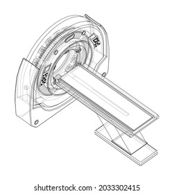 Ccomputerized tomography scanner, Magnetic Resonance Imaging machine, medical equipment. Vector rendering of 3d. Wire-frame style. Orthography
