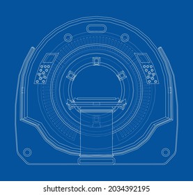 Ccomputerized tomography scanner, Magnetic Resonance Imaging machine, medical equipment. Vector rendering of 3d. Wire-frame style. Orthography
