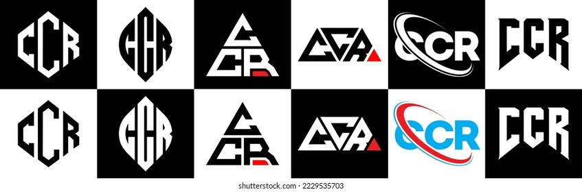 CCR letter logo design in six style. CCR polygon, circle, triangle, hexagon, flat and simple style with black and white color variation letter logo set in one artboard. CCR minimalist and classic logo