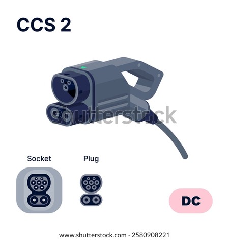 CCS 2 Combo standard charging connector plug and socket. Electric battery vehicle inlet charger detail. EV cable for DC power charge electricity. Isolated vector illustration on white background.