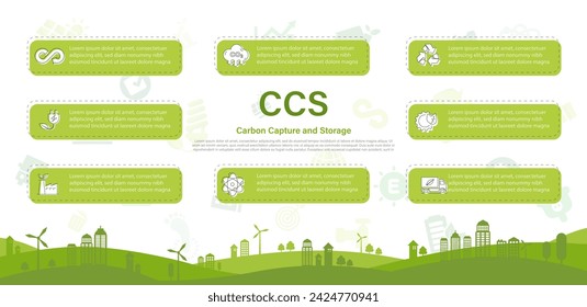 CCS-Akronym für Carbon Capture Storage Words. 
Das Konzept der Kohlenstoffabscheidung Sparen Sie Energie, grüne Energie, reduzieren Sie CO2-Fußabdruck, neutralen Kohlenstoff und Netto-Null-Aktion. CCS-Symbol auf grünem Hintergrund.