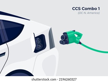 CCS Combo 1 standard charging connector plug and socket. Opened electric battery vehicle inlet charger detail. EV getting plugged with charge DC power electricity supply cable. Vector illustration.